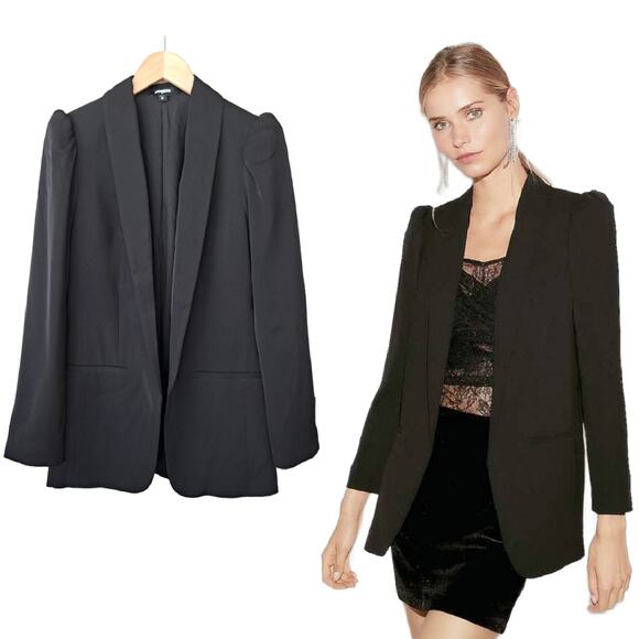 Express Black Puff Sleeve Jacket Boyfriend Blazer Size XS Open Front - Picture 1 of 11